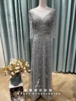 銀灰水鑽滿天星蕾絲袖媽媽禮服