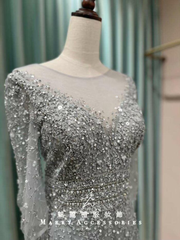 銀灰水鑽滿天星蕾絲袖媽媽禮服