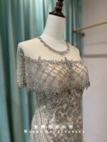 香檳金滿鑽斗篷魚尾媽媽禮服