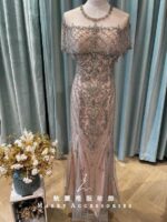 香檳金滿鑽斗篷魚尾媽媽禮服