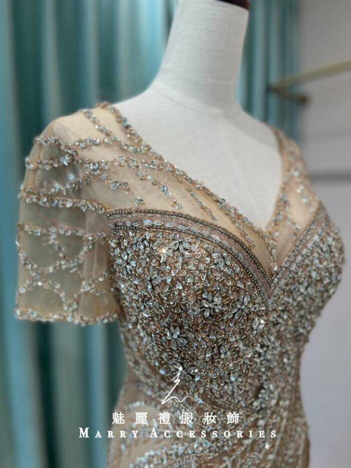 香檳金桃心水鑽媽媽禮服