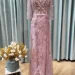 櫻花粉亮片緹花蕾絲袖媽媽禮服