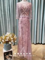 櫻花粉亮片緹花蕾絲袖媽媽禮服