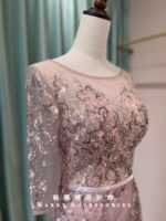 櫻花粉亮片緹花蕾絲袖媽媽禮服