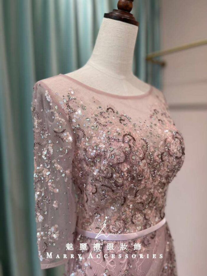 櫻花粉亮片緹花蕾絲袖媽媽禮服