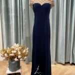 藏藍絨布金鑽菱格媽媽禮服