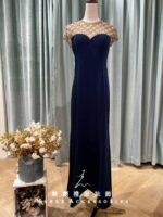 藏藍絨布金鑽菱格媽媽禮服