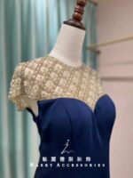 藏藍絨布金鑽菱格媽媽禮服