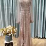 香檳粉金珠鑽蕾絲水袖媽媽禮服