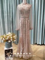 香檳粉金珠鑽蕾絲水袖媽媽禮服