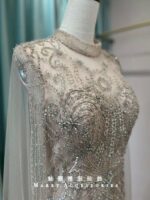 香檳粉金珠鑽蕾絲水袖媽媽禮服