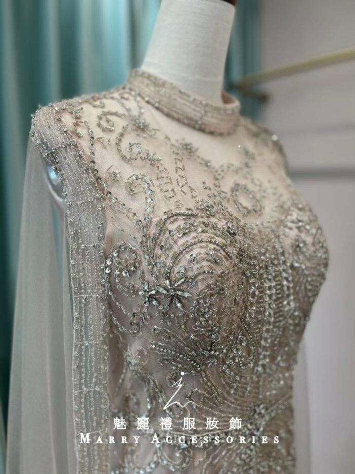 香檳粉金珠鑽蕾絲水袖媽媽禮服