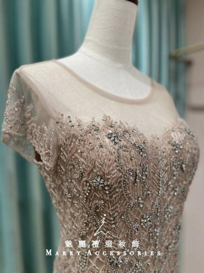 香檳粉金桃心滿鑽媽媽禮服