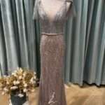 香檳粉金灰鑽泡泡袖媽媽禮服