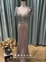 香檳粉金灰鑽泡泡袖媽媽禮服