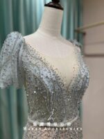 香檳粉金灰鑽泡泡袖媽媽禮服