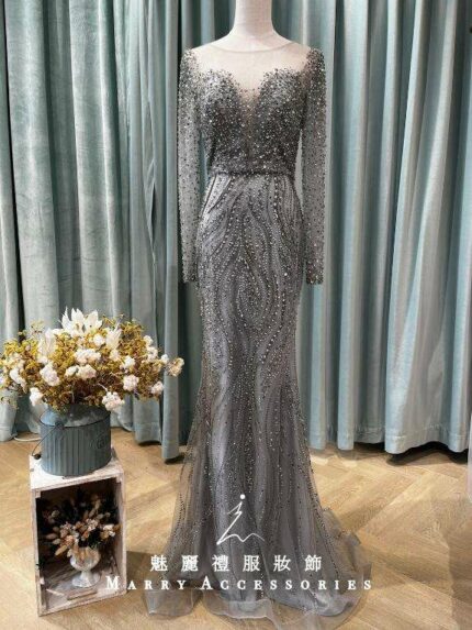 質感灰細珠碎鑽蕾絲袖媽媽禮服