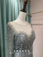 質感灰細珠碎鑽蕾絲袖媽媽禮服