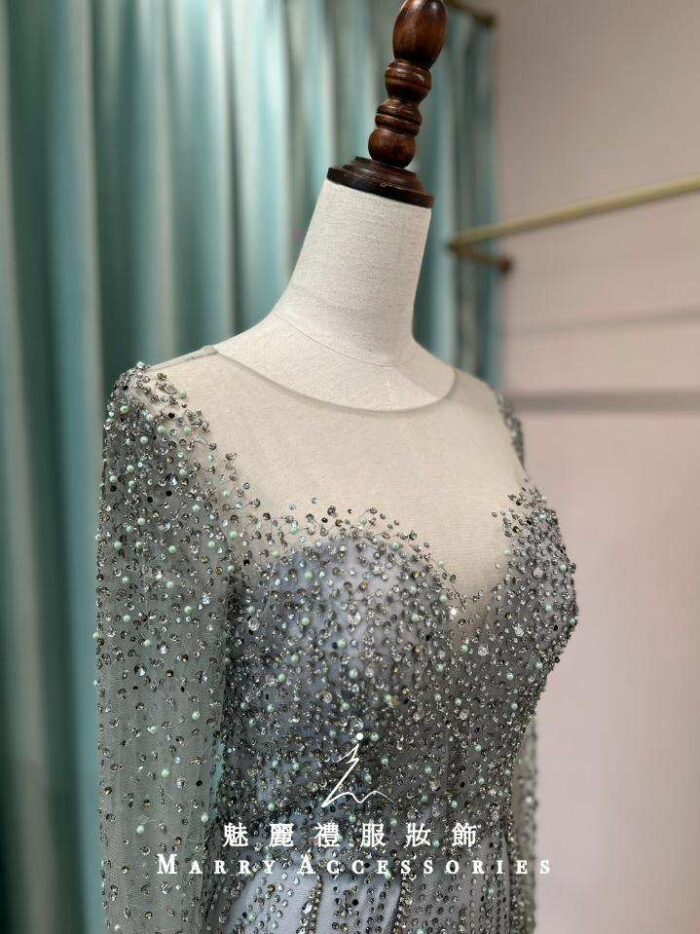 質感灰細珠碎鑽蕾絲袖媽媽禮服