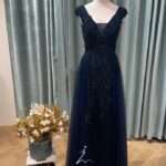 藏藍管珠織花紗裙媽媽禮服