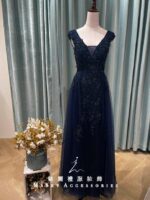 藏藍管珠織花紗裙媽媽禮服