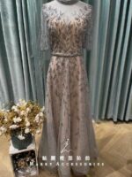 香檳浮雕葉片鑲鑽收腰媽媽禮服