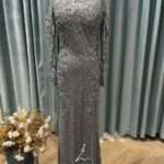 霧灰緹花圓珠挖肩水袖媽媽禮服