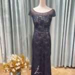 藏藍蕾絲緹花細珠高腰媽媽禮服