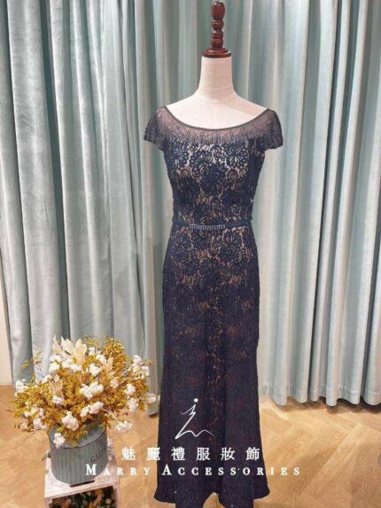 藏藍蕾絲緹花細珠高腰媽媽禮服