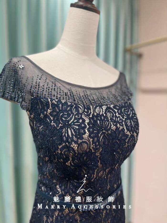 藏藍蕾絲緹花細珠高腰媽媽禮服