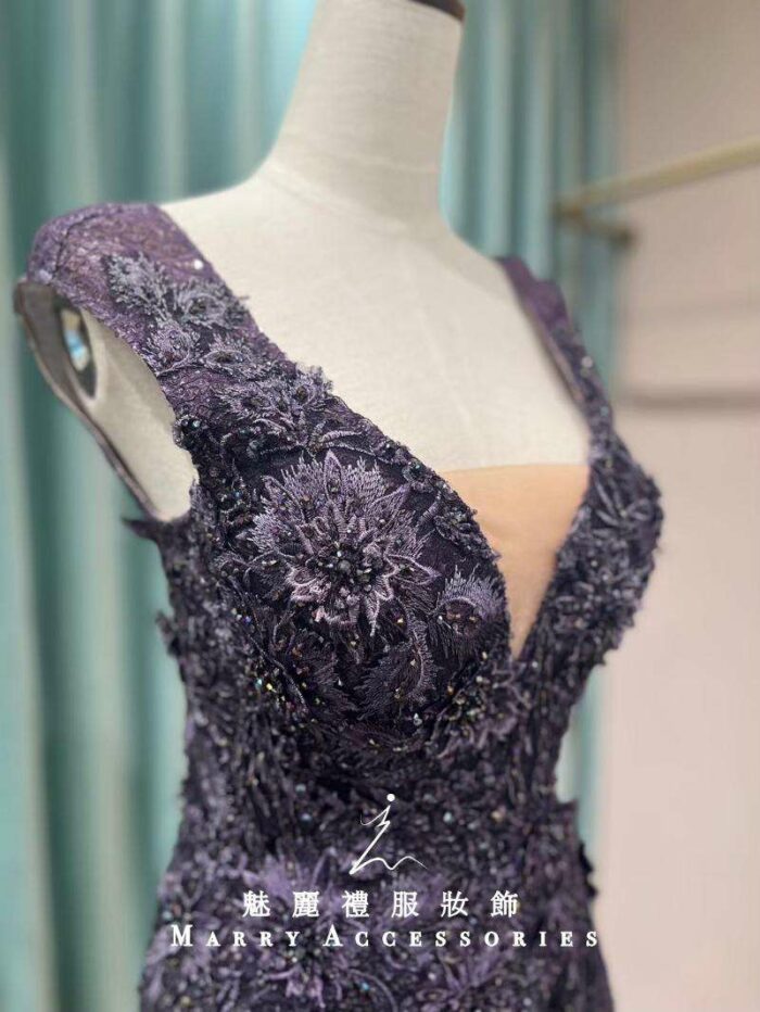 紫水晶鉤織花漸變媽媽禮服