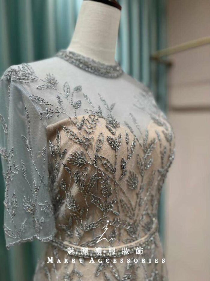 香檳浮雕葉片鑲鑽收腰媽媽禮服