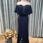 湛藍絲絨高腰碎珠媽媽禮服