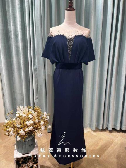 湛藍絲絨高腰碎珠媽媽禮服