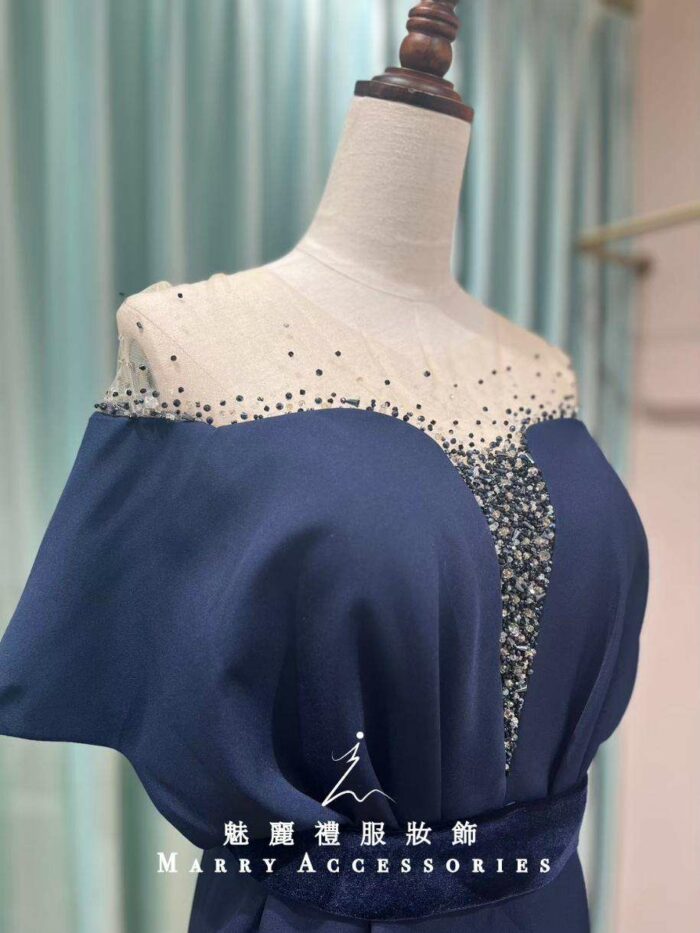 湛藍絲絨高腰碎珠媽媽禮服