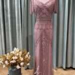 桃粉滿鑽緞面魚尾媽媽禮服