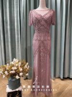 桃粉滿鑽緞面魚尾媽媽禮服