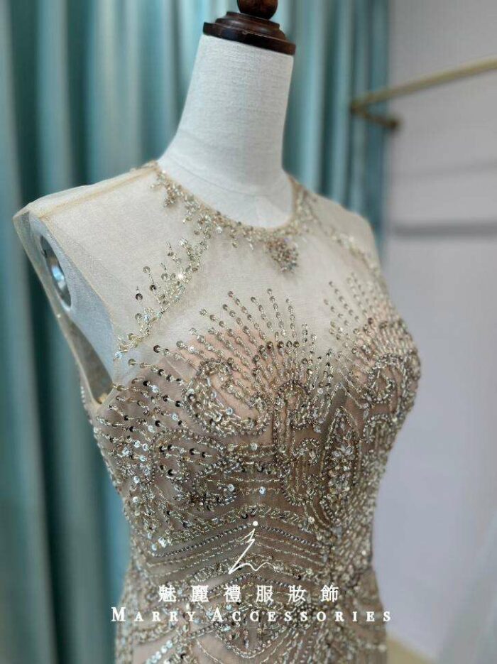 香檳粉金星芒狀水鑽削肩袖媽媽禮服