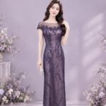 紫水晶蕾絲波紋碎鑽媽媽禮服