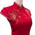 玫瑰紅緞面刺繡旗袍媽媽禮服