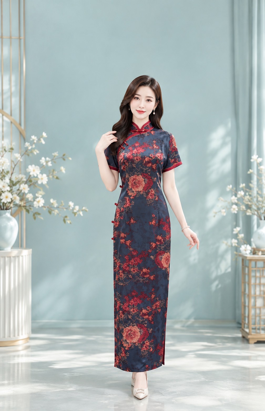 青藍紅牡丹編織排釦旗袍媽媽禮服 青藍紅牡丹編織排釦旗袍媽媽禮服