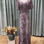 薰衣草紫蕾絲珠花泡泡袖媽媽禮服