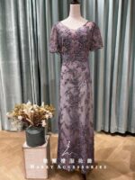 薰衣草紫蕾絲珠花泡泡袖媽媽禮服