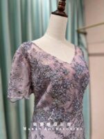 薰衣草紫蕾絲珠花泡泡袖媽媽禮服