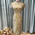 果綠梅花短旗袍媽媽禮服