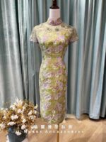 果綠梅花短旗袍媽媽禮服