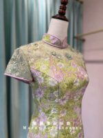 果綠梅花短旗袍媽媽禮服