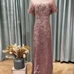 粉紫珍珠織花刺繡媽媽禮服