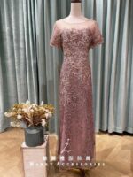 粉紫珍珠織花刺繡媽媽禮服