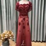 櫻桃紅雪紡飄袖珠花媽媽禮服